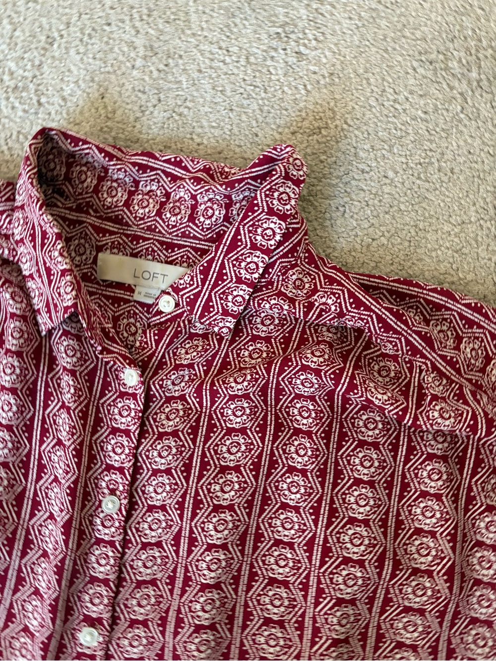 LOFT Burgundy and White Geometric Button-Down Shirt